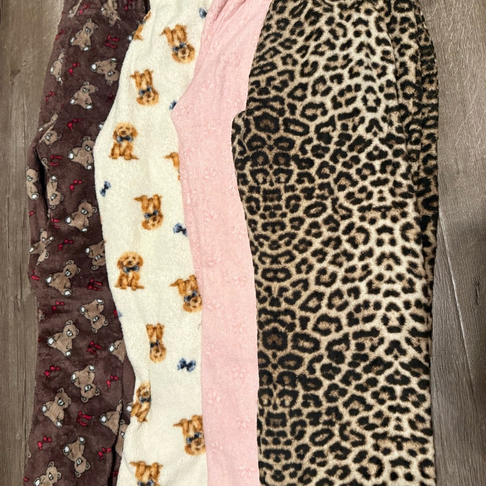 Girls Plush Leopard & Puppy Print Pajama Pants - Pink, Cream, Brown